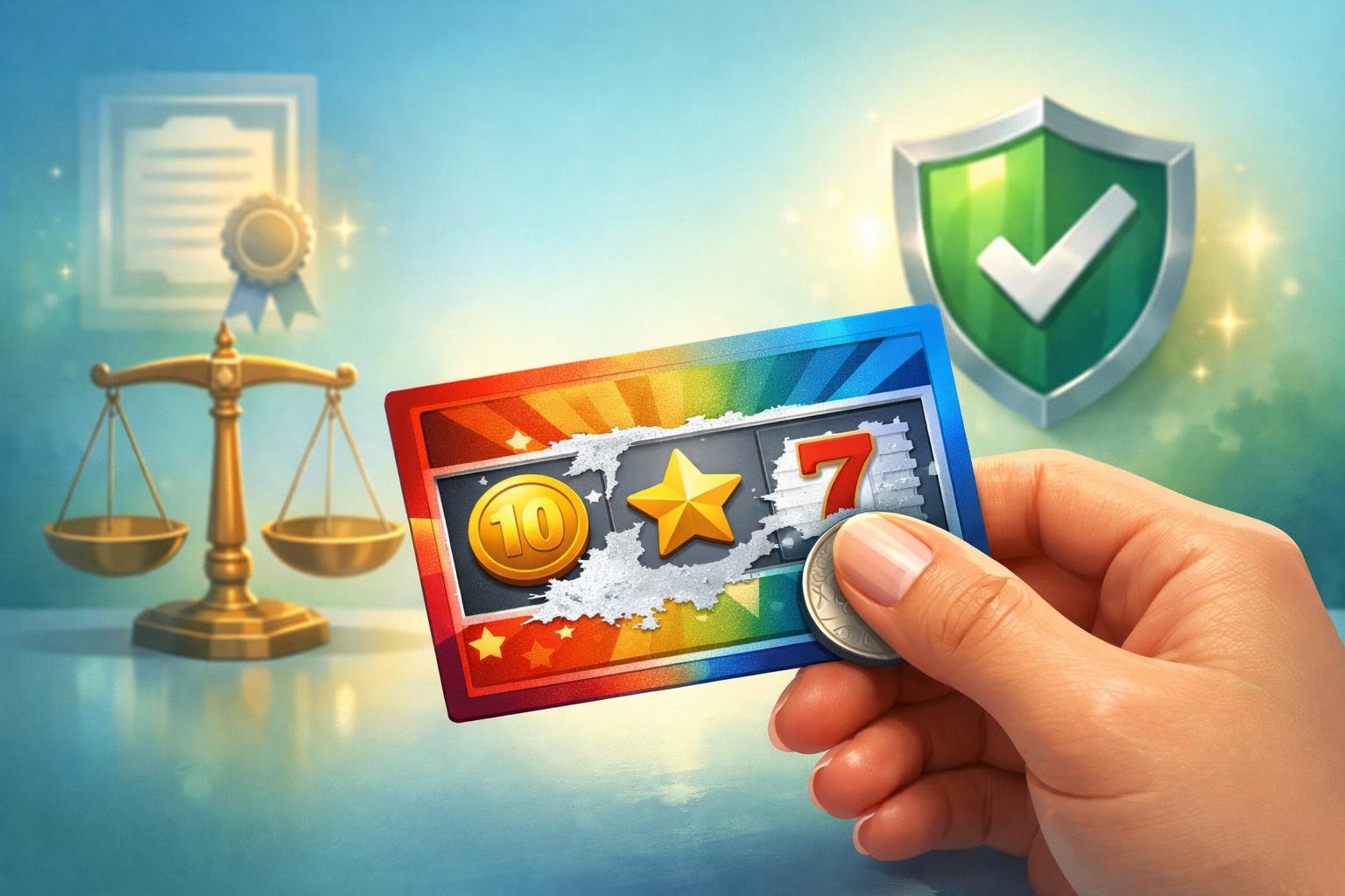 A Hand Holding A Partially Scratched Colorful Scratch Card Surrounded By Symbols Of Fairness And Security Like A Balanced Scale, Shield With Checkmark, And Certificate Icons.