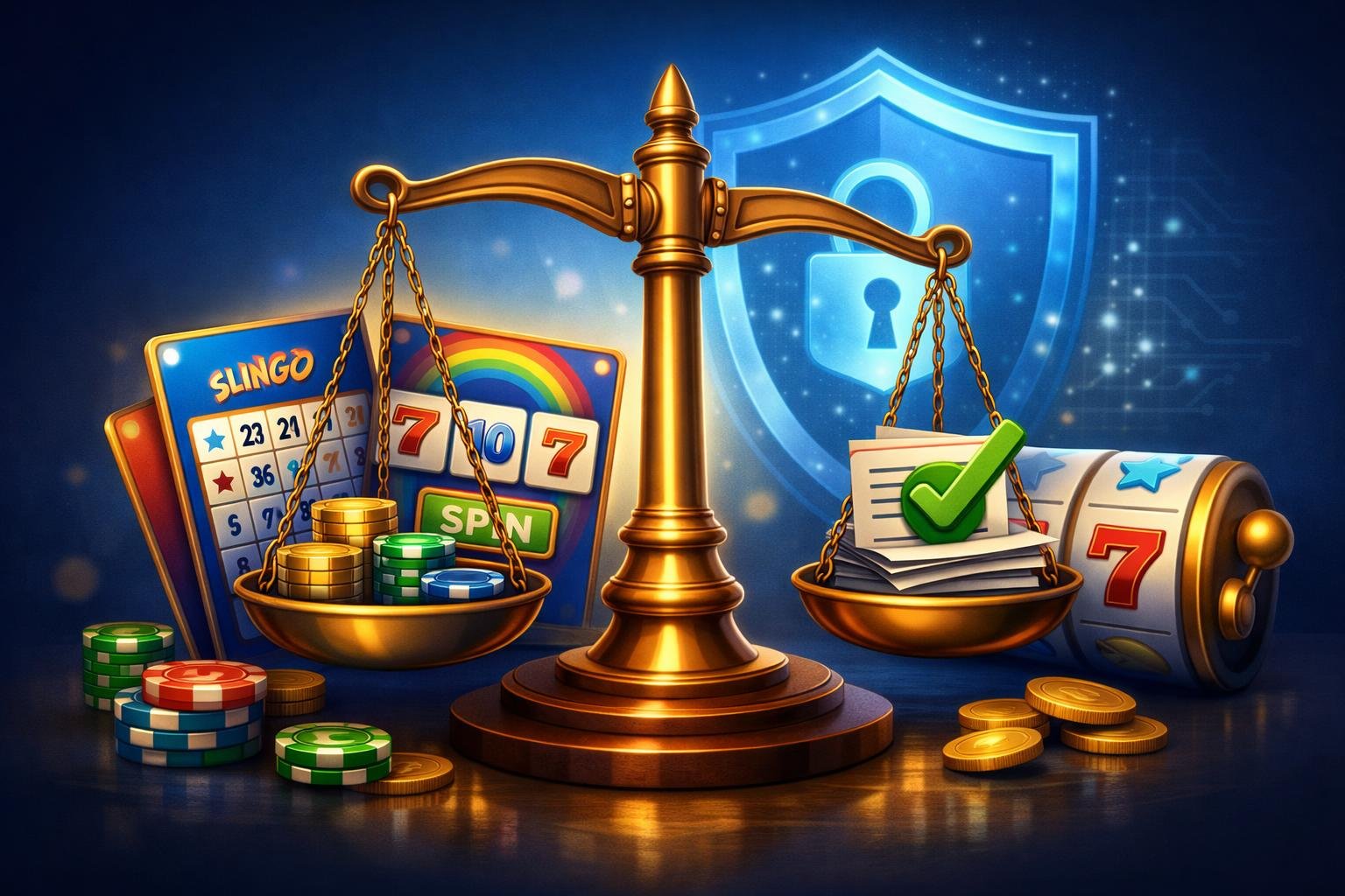 A Balanced Scale Surrounded By Slingo Game Cards, Spinning Reels, Chips, And A Digital Shield Symbolizing Licensing And Fair Play In A Casino Game.