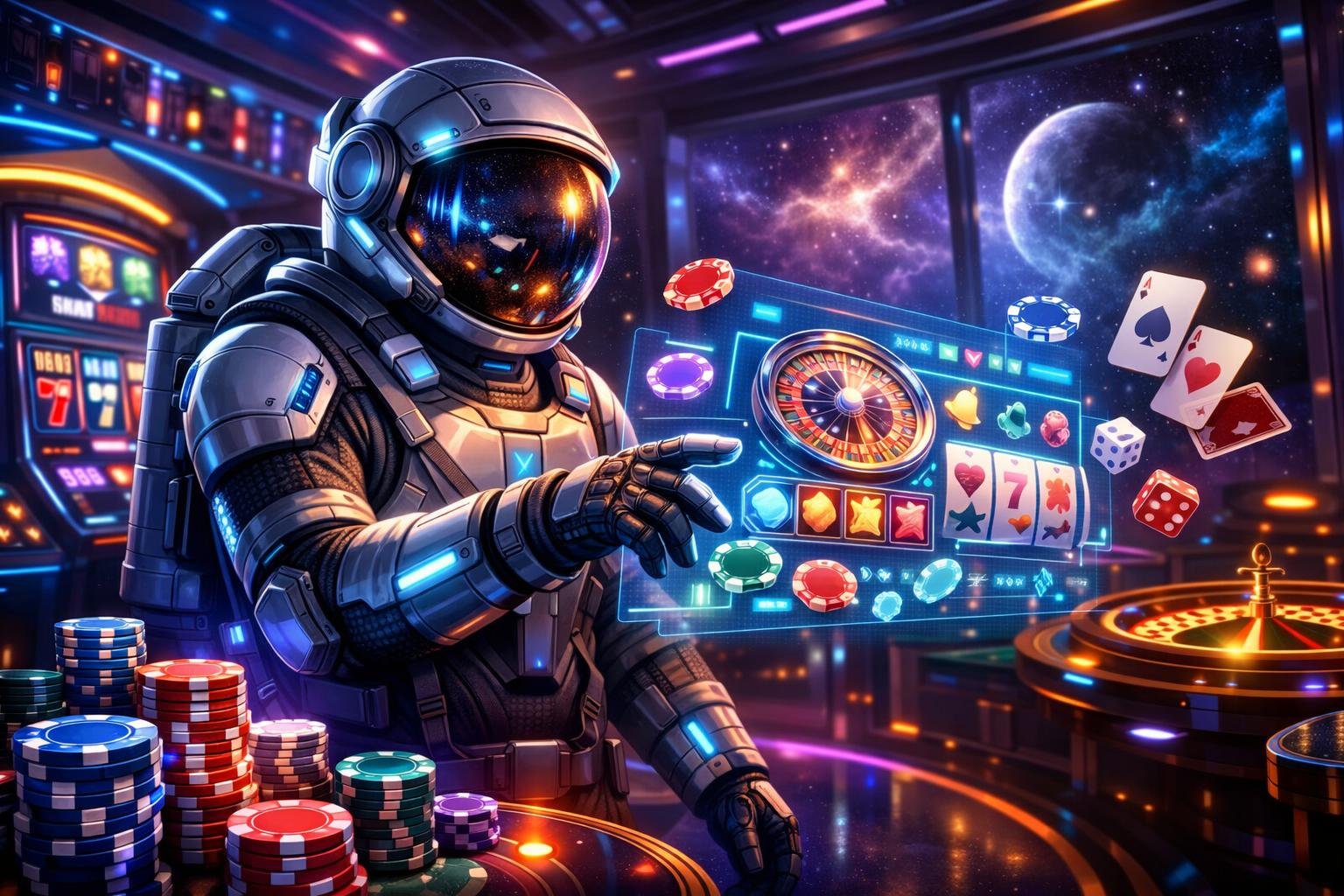 A Spaceman In A Futuristic Casino In Outer Space Surrounded By Holographic Gaming Elements And A Starry Cosmic Background.