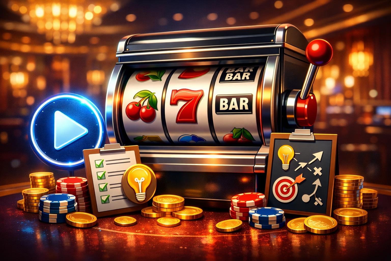 A Modern Slot Machine With Colorful Spinning Reels Surrounded By Coins, Chips, And Icons Representing Game Tips On A Casino Floor Background.