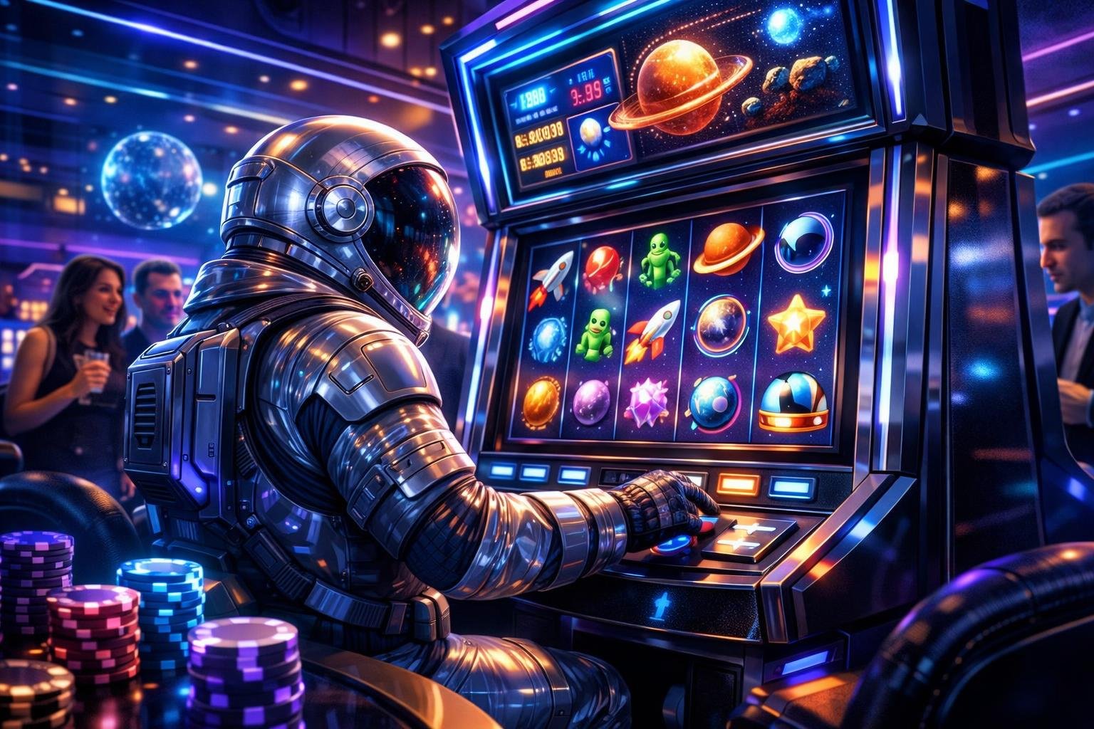 A Spaceman In A Spacesuit Playing A SpaceThemed Slot Machine Inside A Vibrant Casino Filled With Neon Lights And Excited Players.