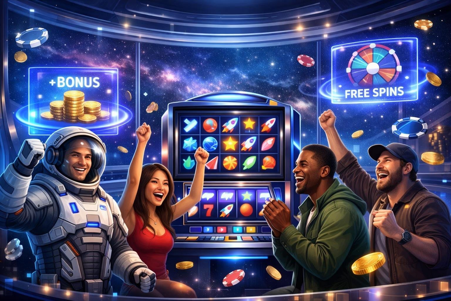 Players Enjoying A SpaceThemed Casino Game With A Spaceman And Futuristic Slot Machines Inside A Spaceship Overlooking A Starry Galaxy.