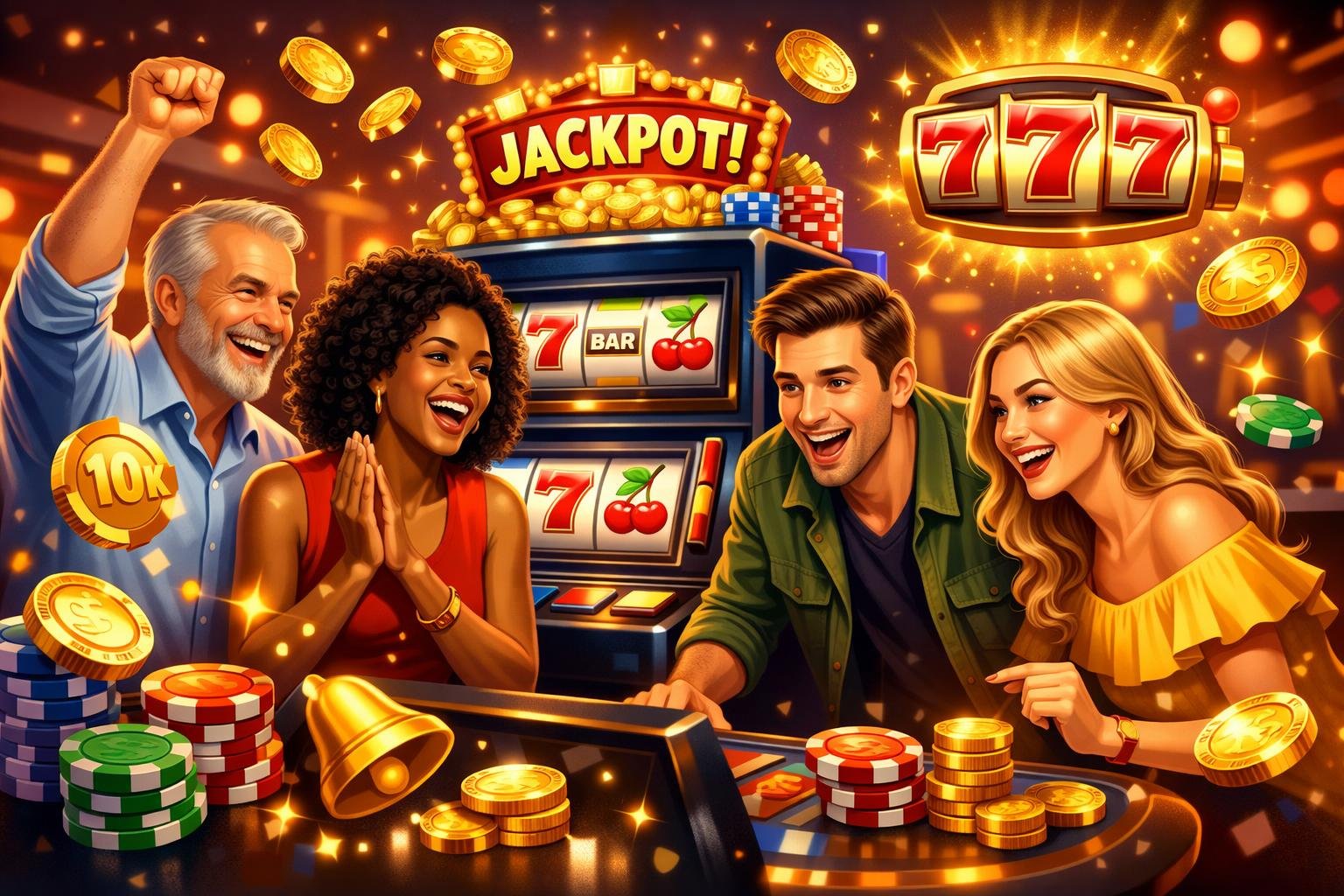 A Group Of Happy Players Enjoying Colorful Slot Machines In A Lively Casino Setting With Coins And Jackpot Symbols Floating Around.