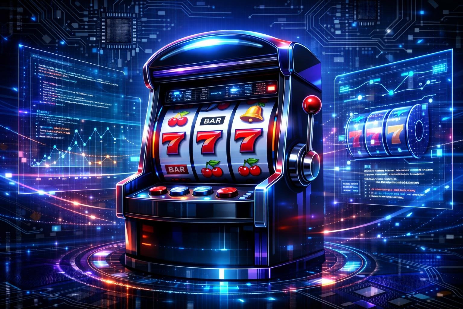 A Futuristic Slot Machine Surrounded By Holographic Screens Displaying Code And Data, With Circuit Board Patterns In The Background.