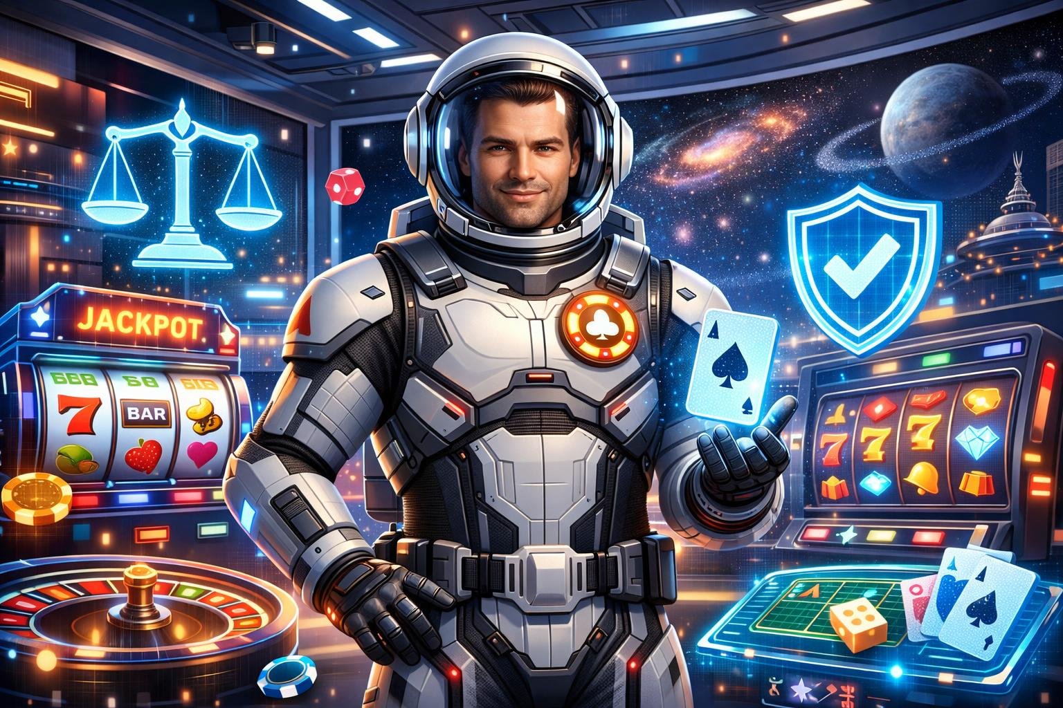 A Spaceman In A Spacesuit Stands In A Futuristic Space Casino Surrounded By Holographic Slot Machines And Game Interfaces, With Stars And Planets Visible In The Background.