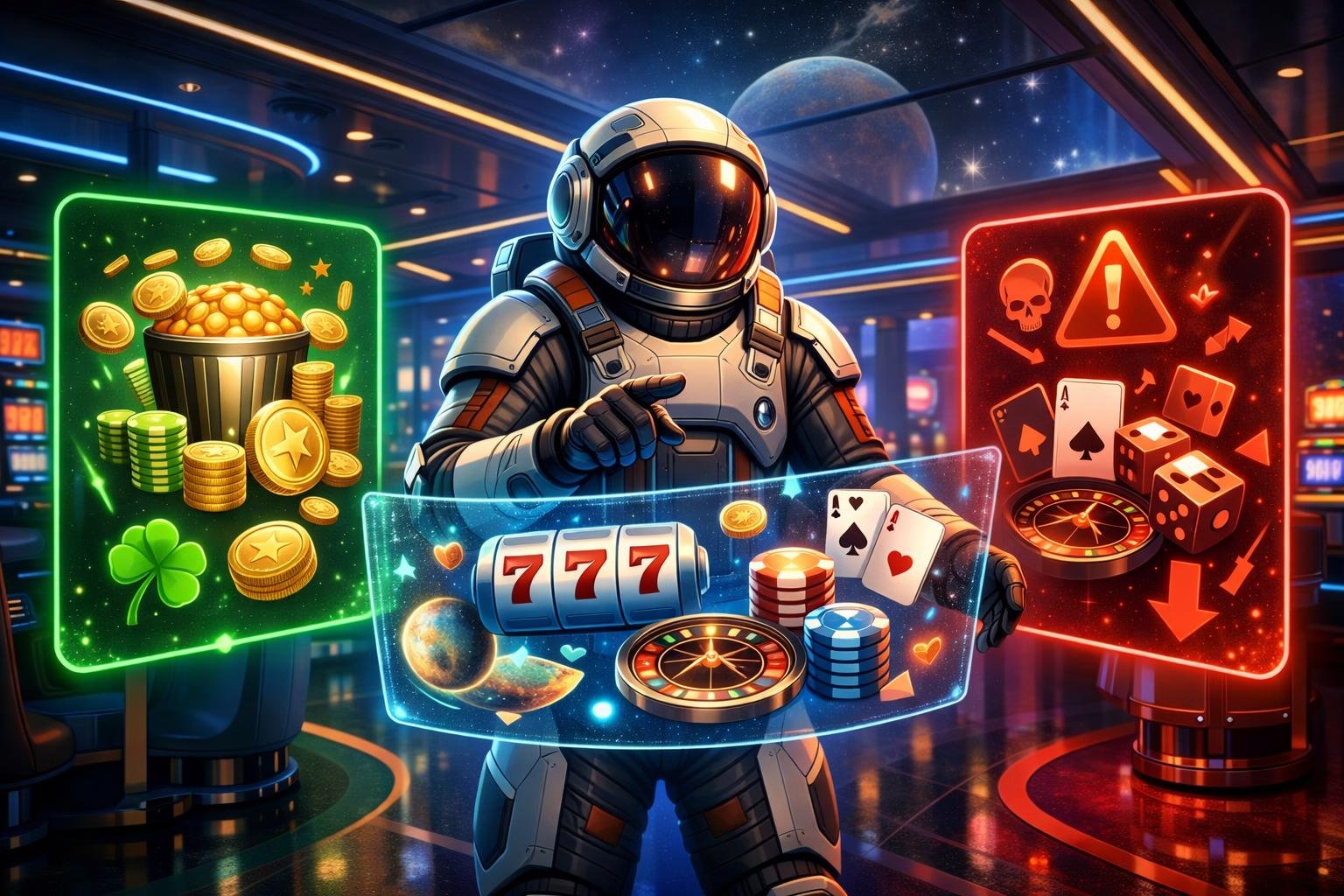A Spaceman In A Casino Interacts With A Floating Game Interface Showing Slot Reels And Poker Chips, With Glowing Panels Representing Pros And Cons, Set Against A Backdrop Of Stars And Planets.