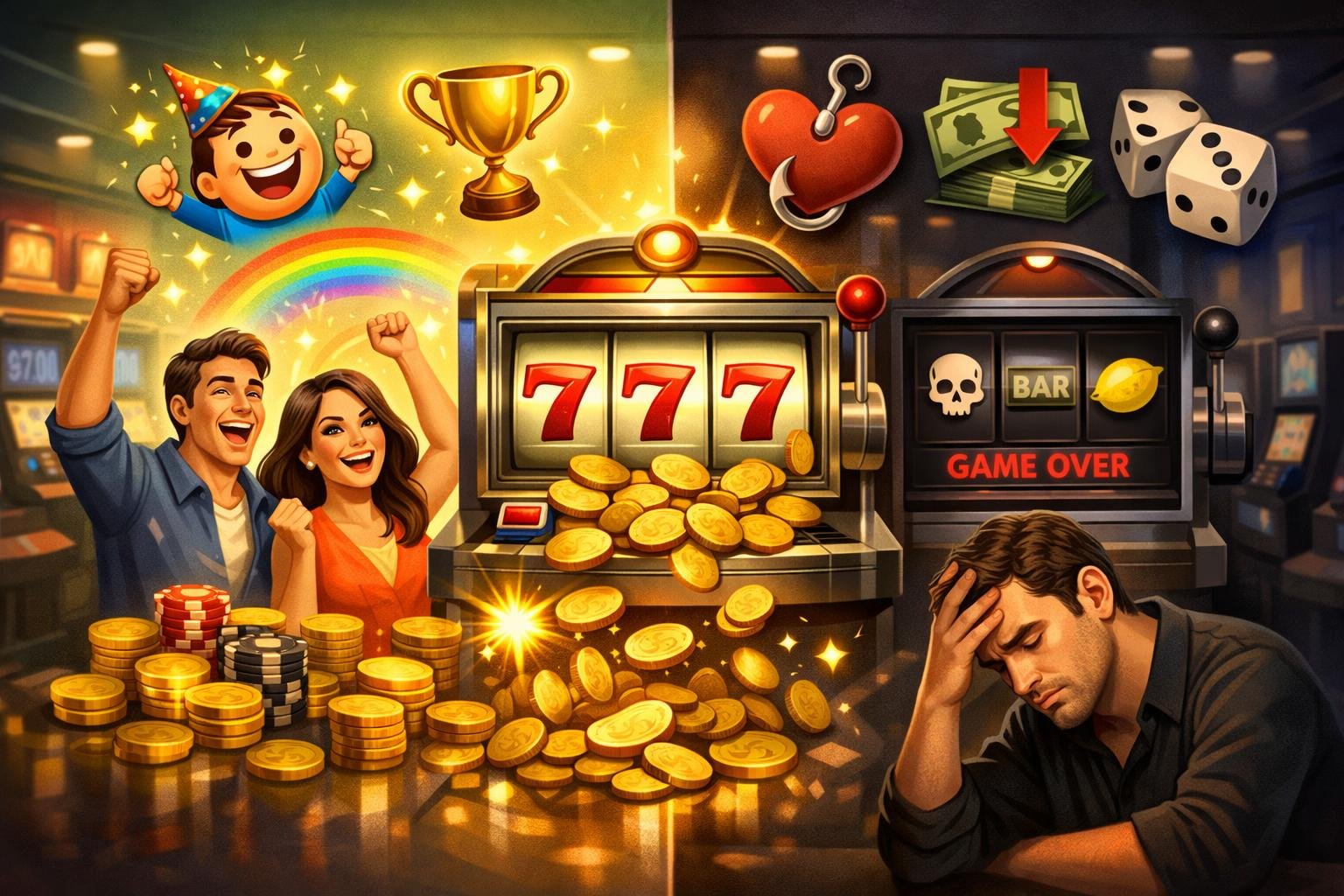 A Split Scene Showing The Positive And Negative Aspects Of Playing Slot Casino Games, With Happy Players And Winning Coins On One Side And Frustrated Players And Losing Slot Machines On The Other.