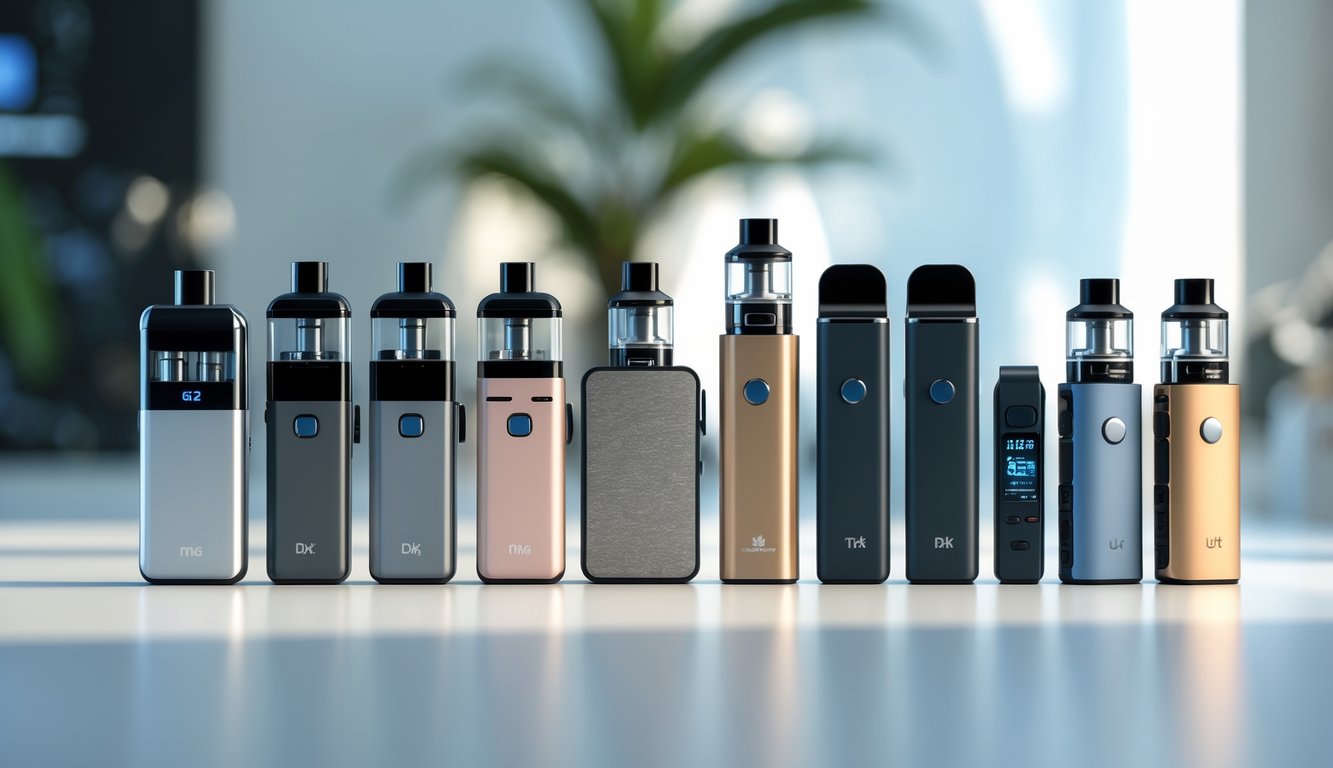 Berbagai perangkat vape terbaru tahun 2026 ditampilkan rapi di atas permukaan bersih dengan latar belakang kabur.