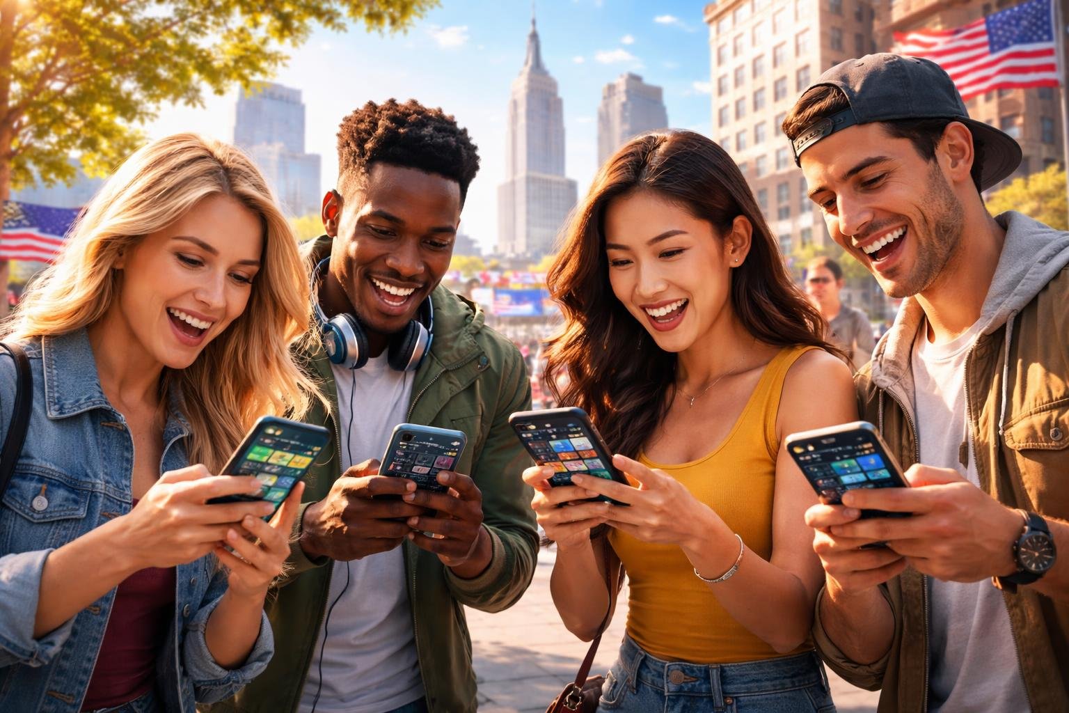 A group of young adults using smartphones outdoors in a city, engaged in online betting activities.