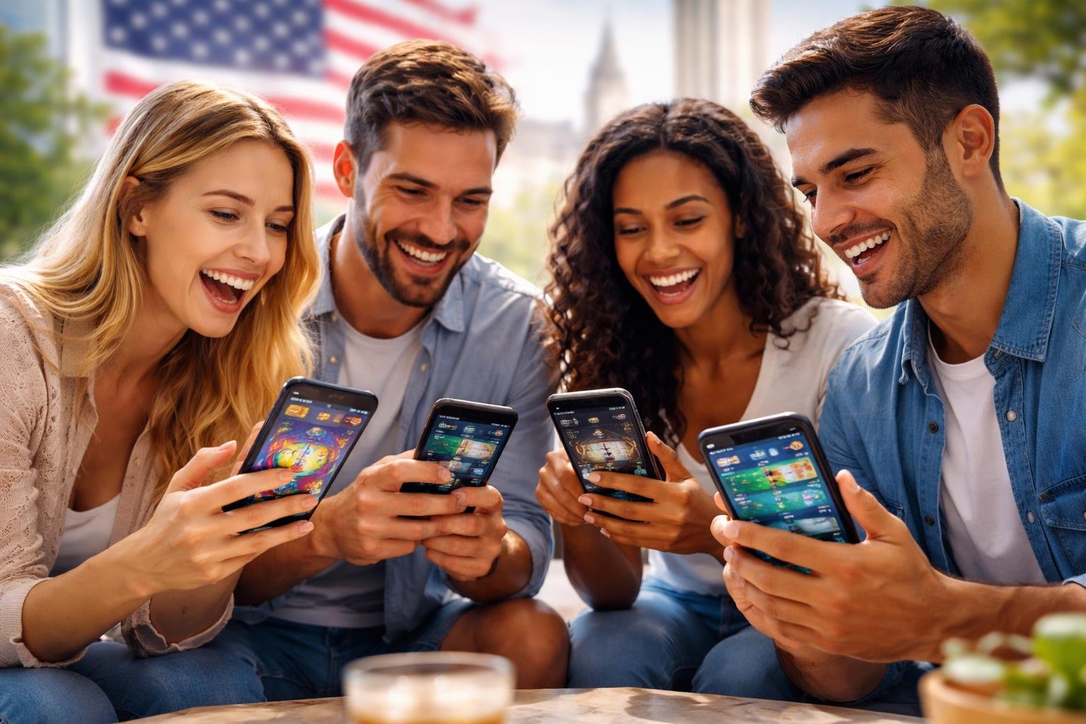 A group of young adults using smartphones to play and bet on mobile games in a bright modern setting with subtle American-themed background elements.