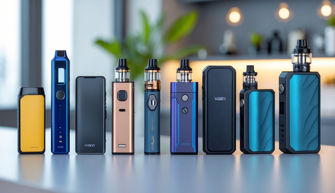 Berbagai perangkat vape seperti pod system, vape pen, dan box mod tersusun rapi di atas permukaan bersih dengan latar belakang buram.
