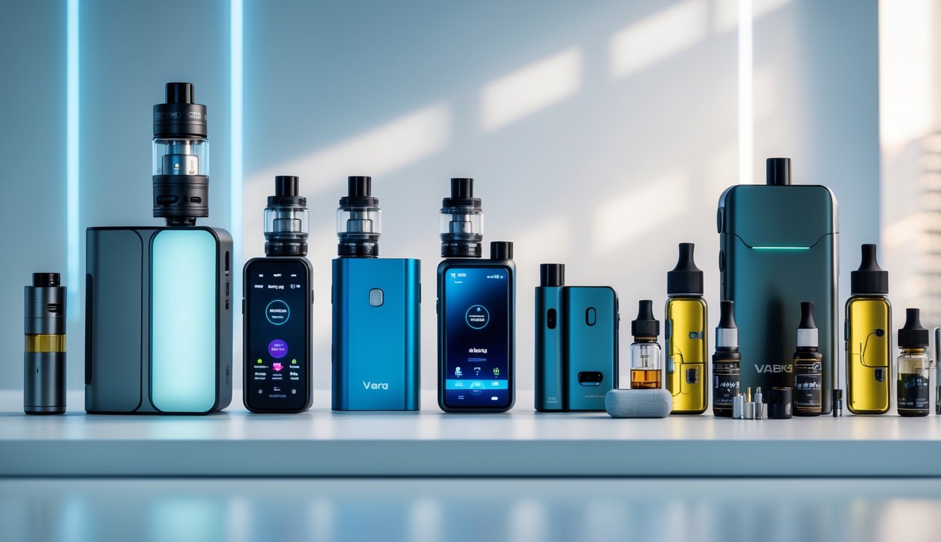 Berbagai perangkat vape seperti pod system dan box mod disusun rapi di atas meja dengan beberapa aksesori vape di sekitarnya.