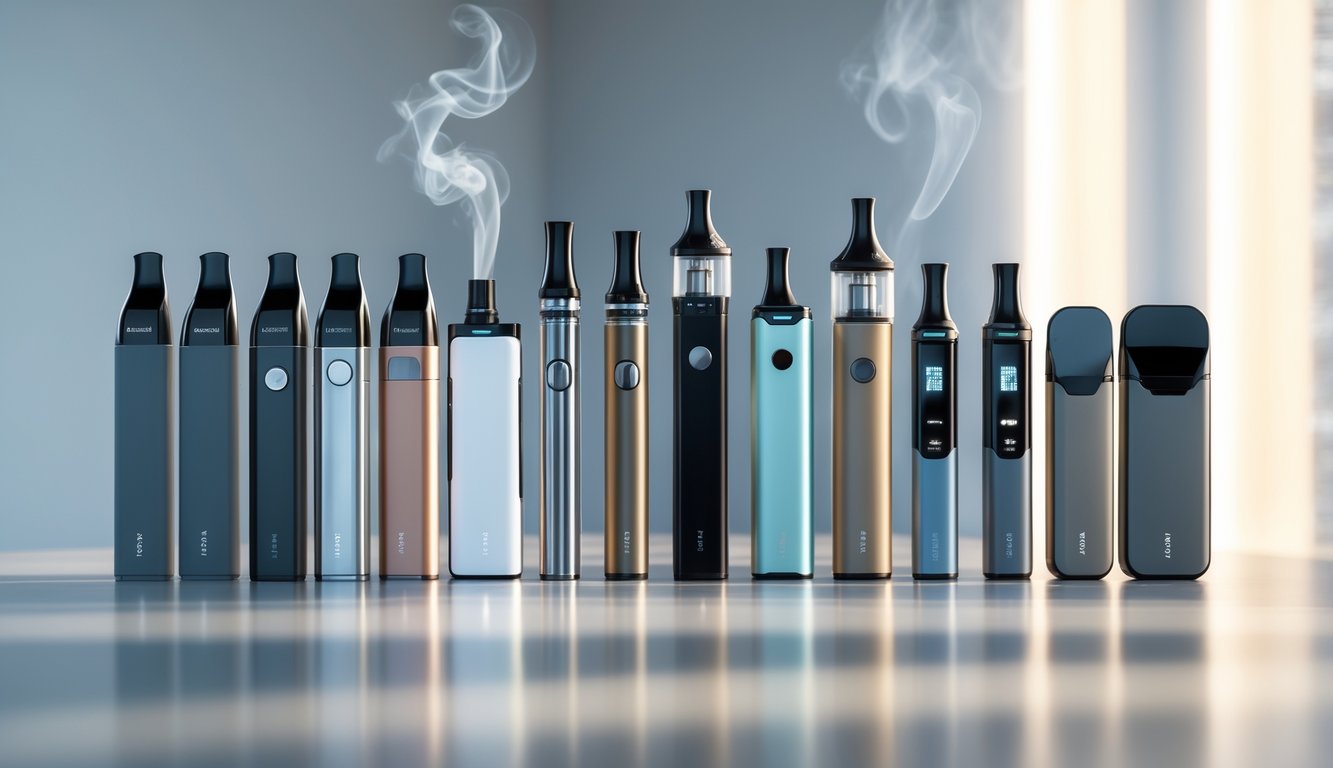 Berbagai perangkat vape modern dengan desain futuristik dan warna berbeda yang tersusun rapi di atas permukaan bersih dengan uap tipis yang keluar dari beberapa perangkat.