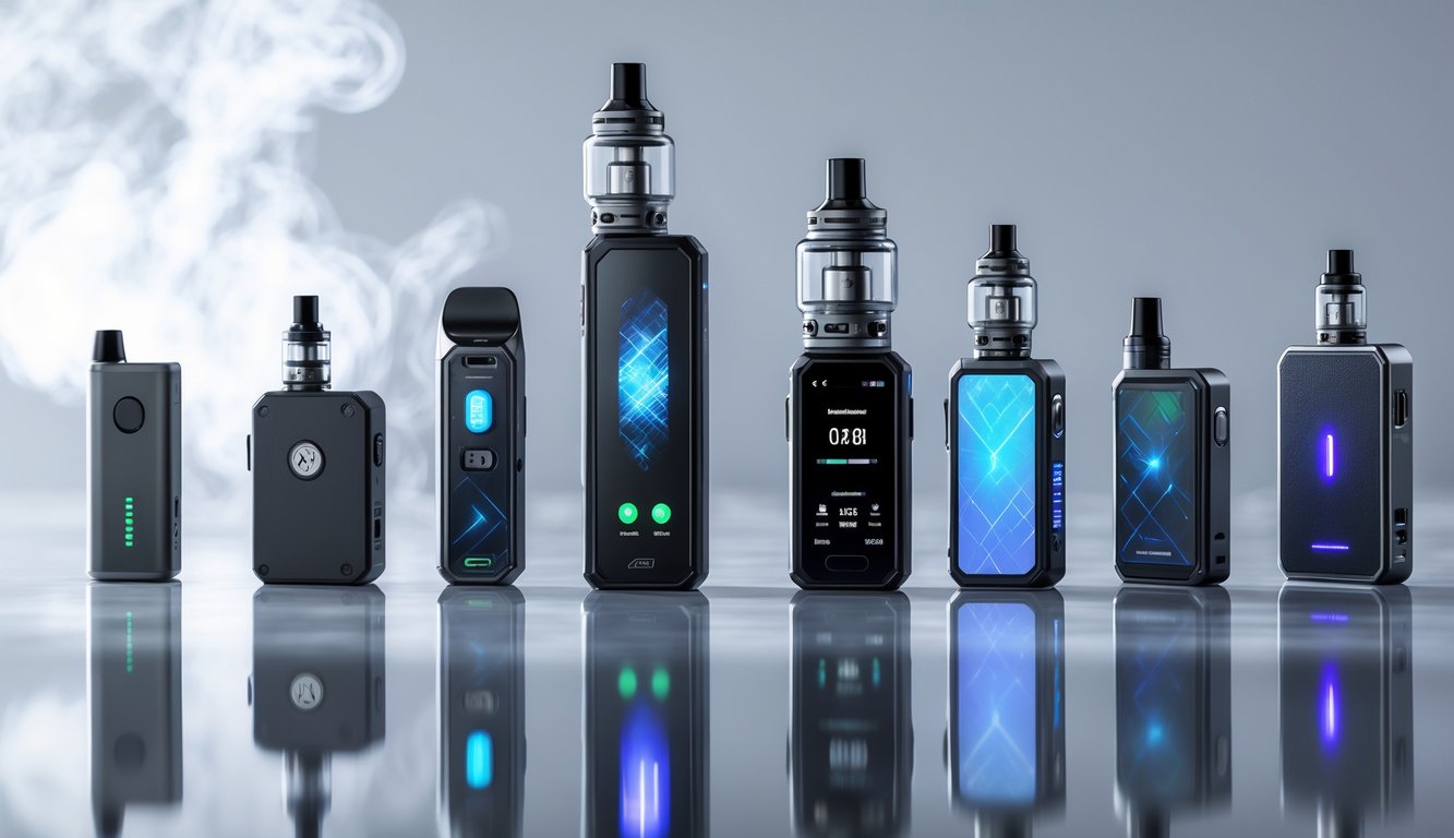 Berbagai perangkat vape modern dengan desain futuristik dan lampu LED, disusun rapi di atas permukaan reflektif dengan latar belakang minimalis.