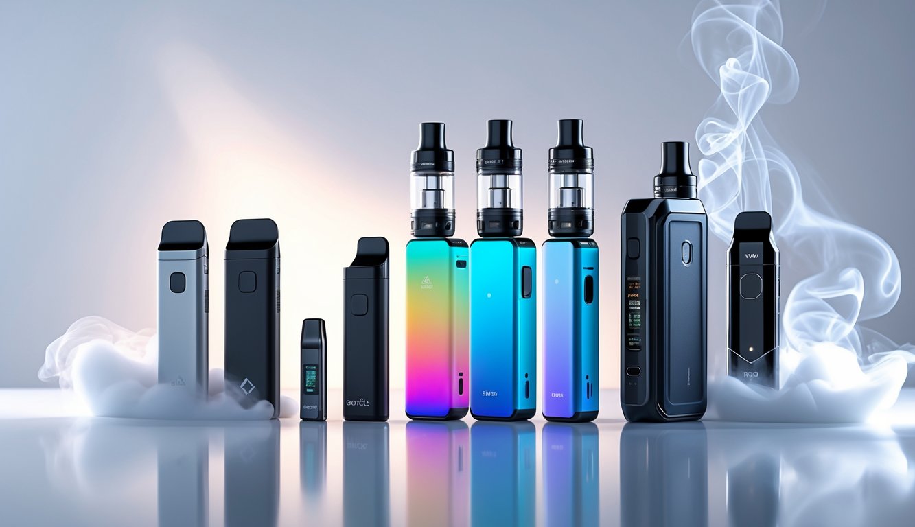 Berbagai perangkat vape modern dan canggih yang disusun rapi dengan latar belakang bersih dan asap tipis di sekitarnya.