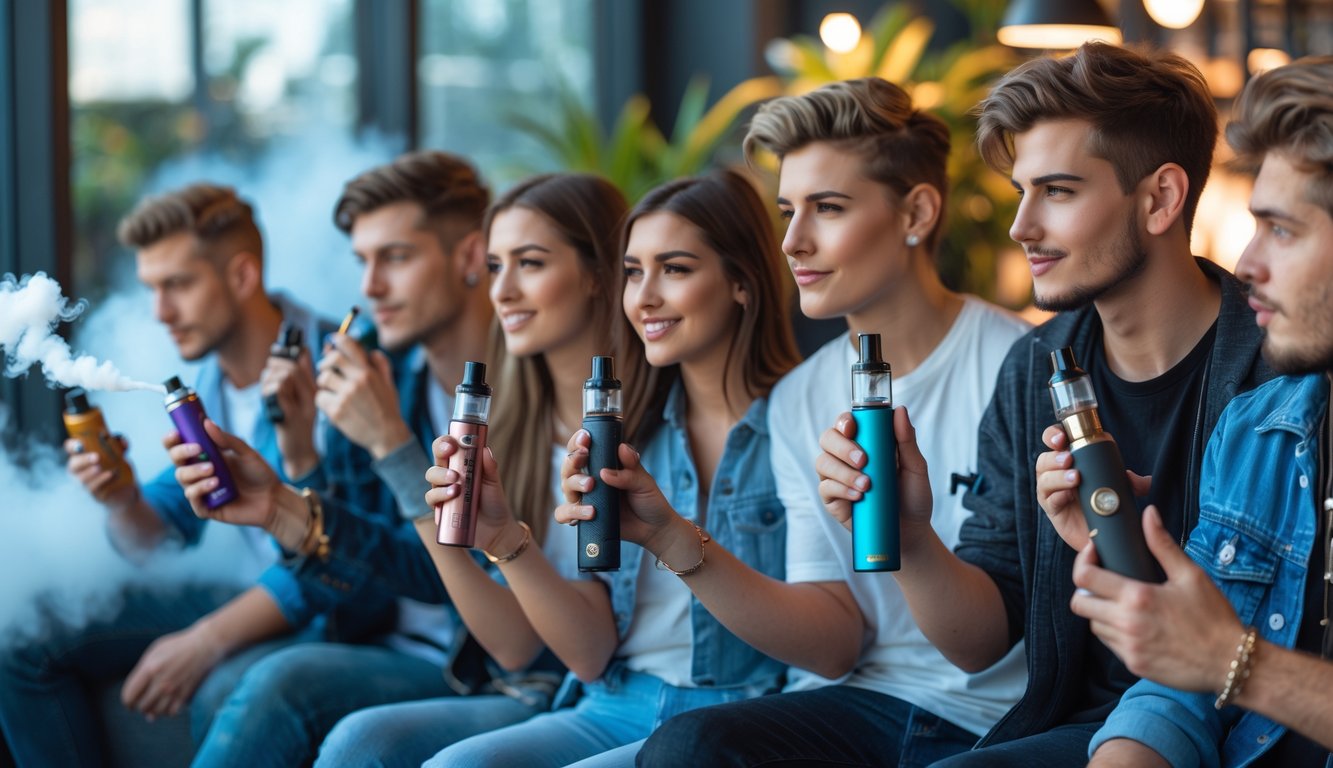 Sekelompok orang muda sedang menggunakan berbagai jenis vape di ruang santai modern dengan uap vapor yang terlihat di udara.