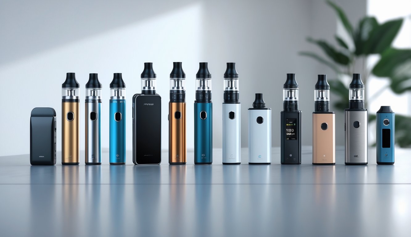 Beberapa perangkat vape modern yang berbeda warna dan bentuk tersusun rapi di atas meja dengan latar belakang yang samar.