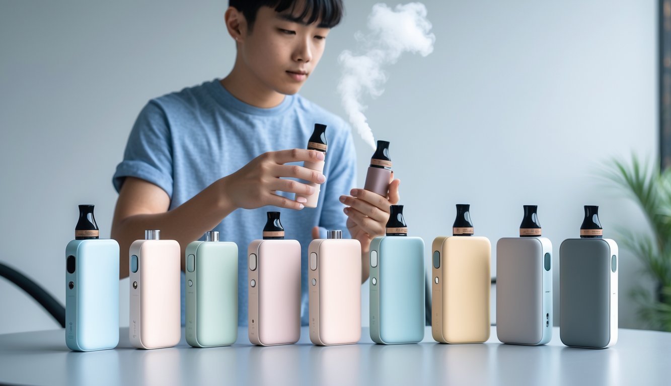 Seorang pemula sedang memegang perangkat vape sederhana di meja yang menampilkan berbagai pilihan vape dengan latar belakang terang.