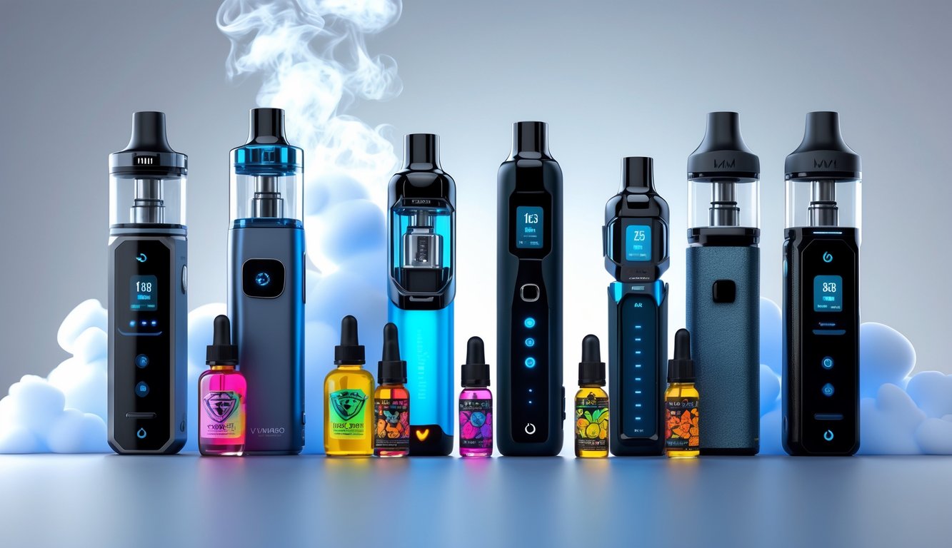 Beberapa perangkat vape modern dengan desain inovatif dan botol cairan vape berwarna-warni yang tersusun rapi di atas permukaan bersih dengan uap tipis di latar belakang.