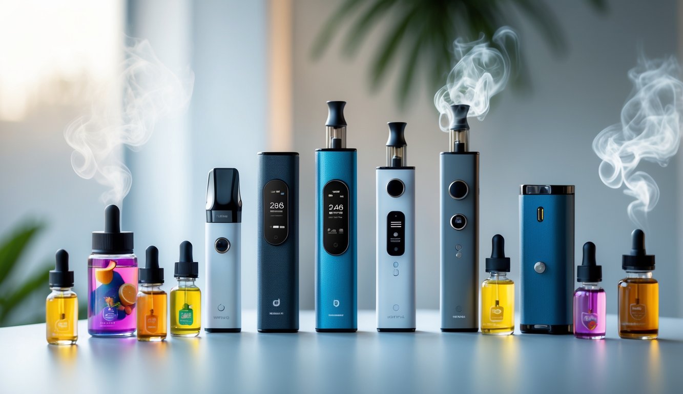Beberapa perangkat vape modern dengan desain futuristik dan botol liquid berwarna-warni di atas meja bersih.