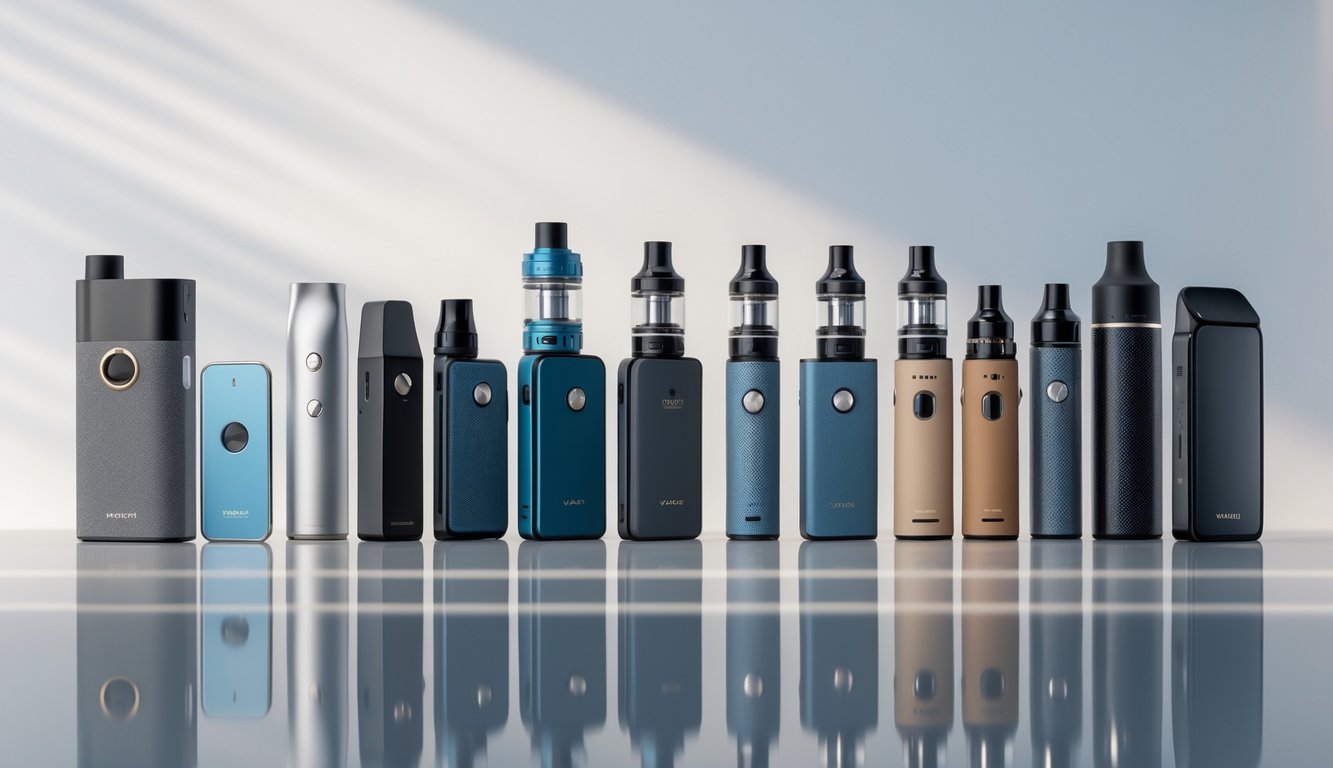 Berbagai perangkat vape dengan desain dan ukuran berbeda disusun rapi di atas permukaan reflektif.