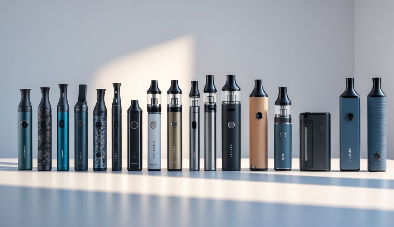 Berbagai perangkat vape dengan desain modern dan beragam warna ditampilkan di atas meja minimalis dalam pencahayaan lembut.