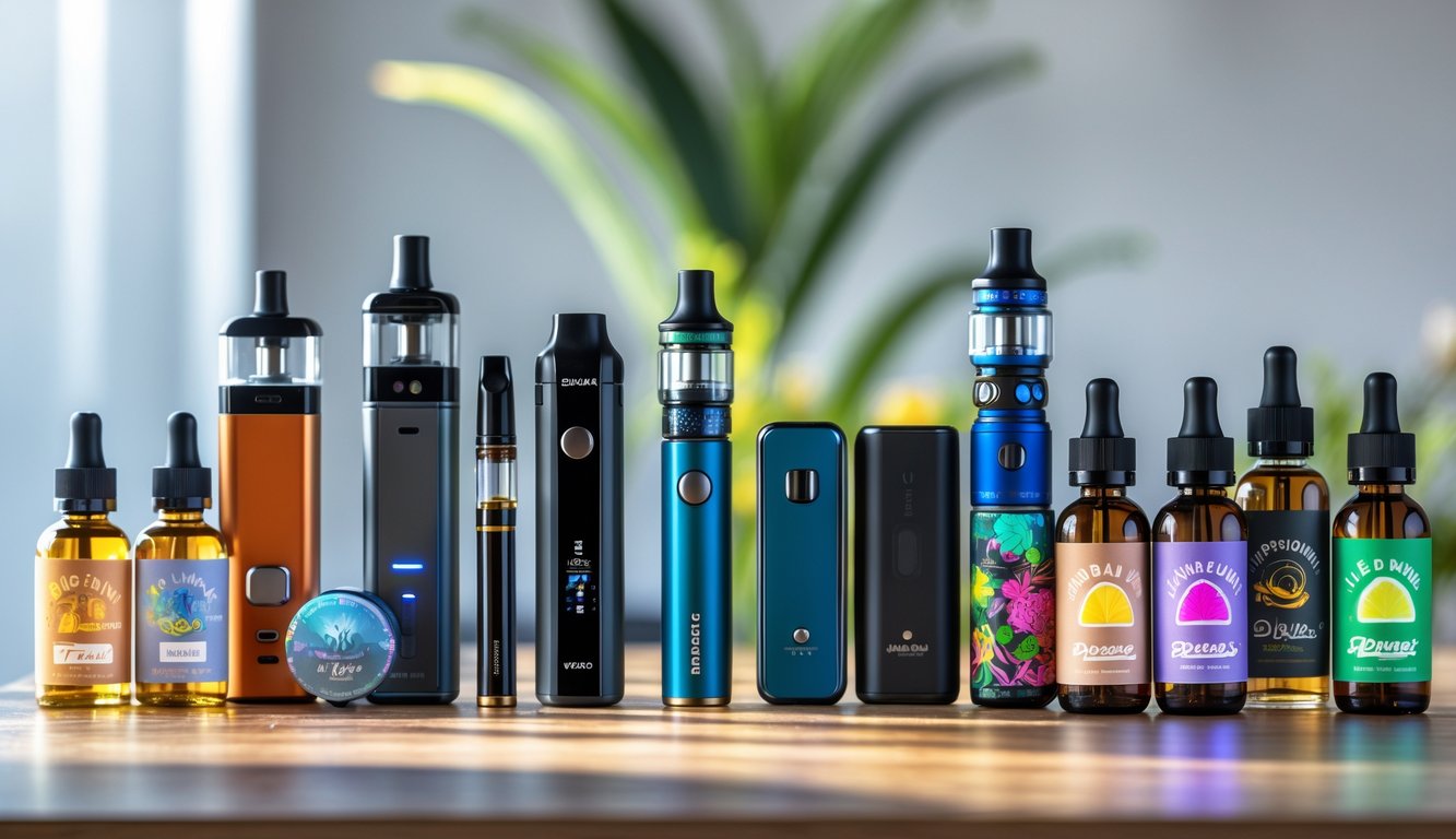 Berbagai perangkat vape dan botol cairan rasa disusun rapi di atas meja kayu dengan latar belakang minimalis.