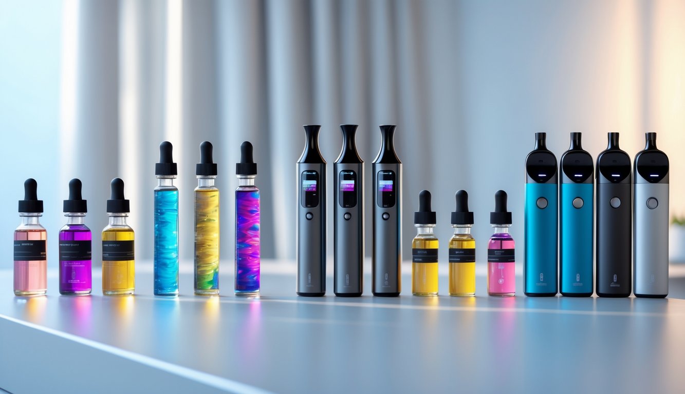 Berbagai perangkat vape modern dan botol cairan vape berwarna-warni tersusun rapi di atas meja.