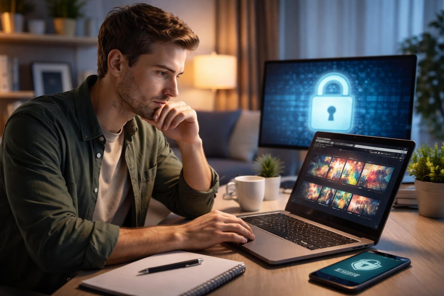 A young adult sitting at a desk using a laptop with a calm, focused expression in a modern home office.