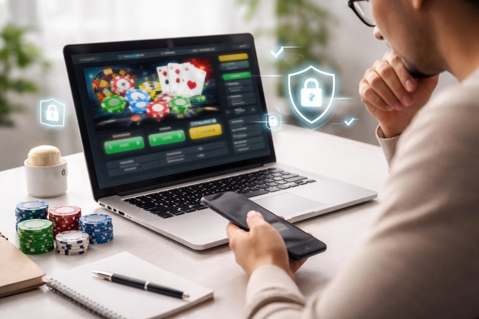 A person reviewing an online gambling website on a laptop with digital security icons floating around.