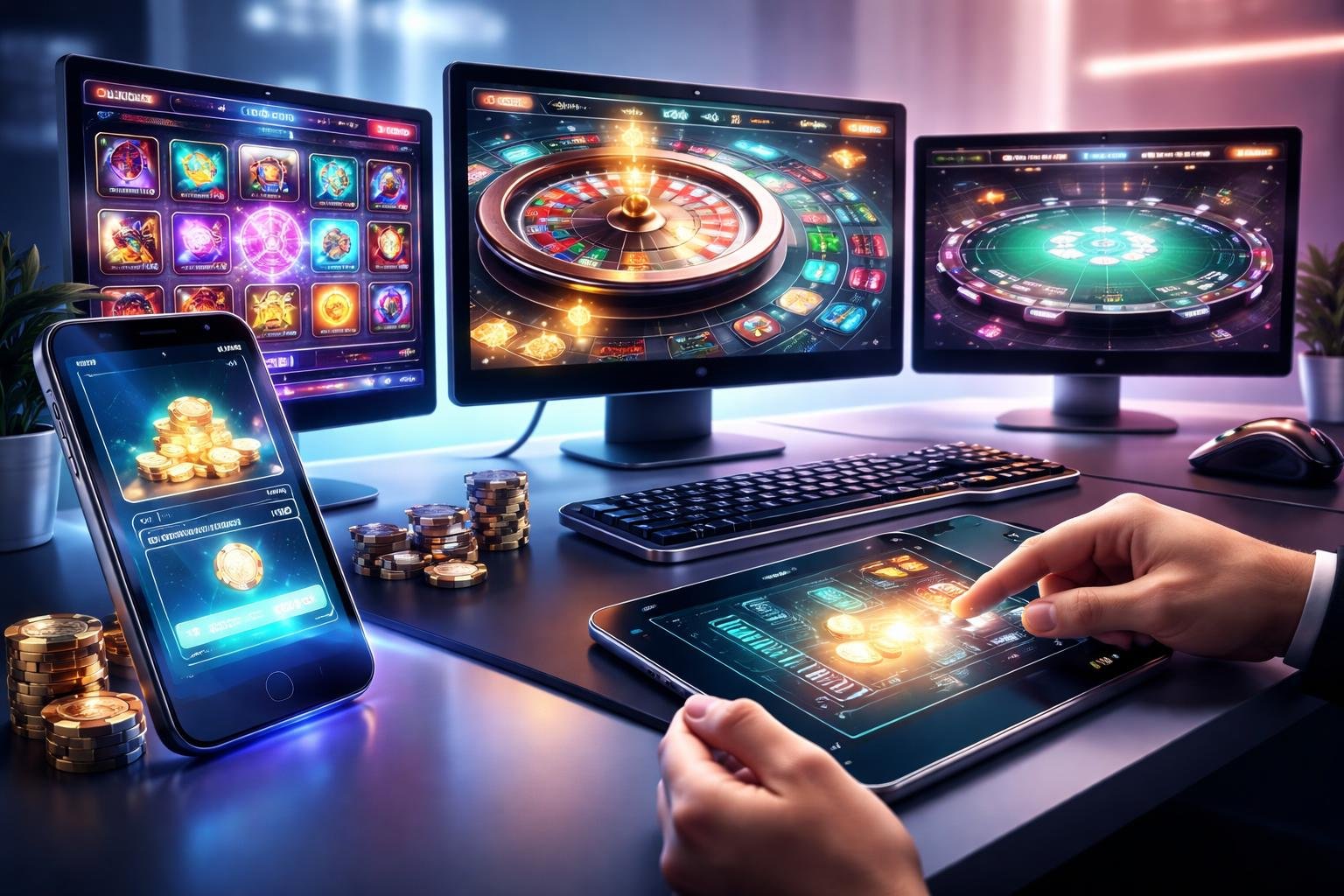 A person using a touchscreen device and smartphone in a modern workspace with multiple screens showing online casino games and a payout notification.