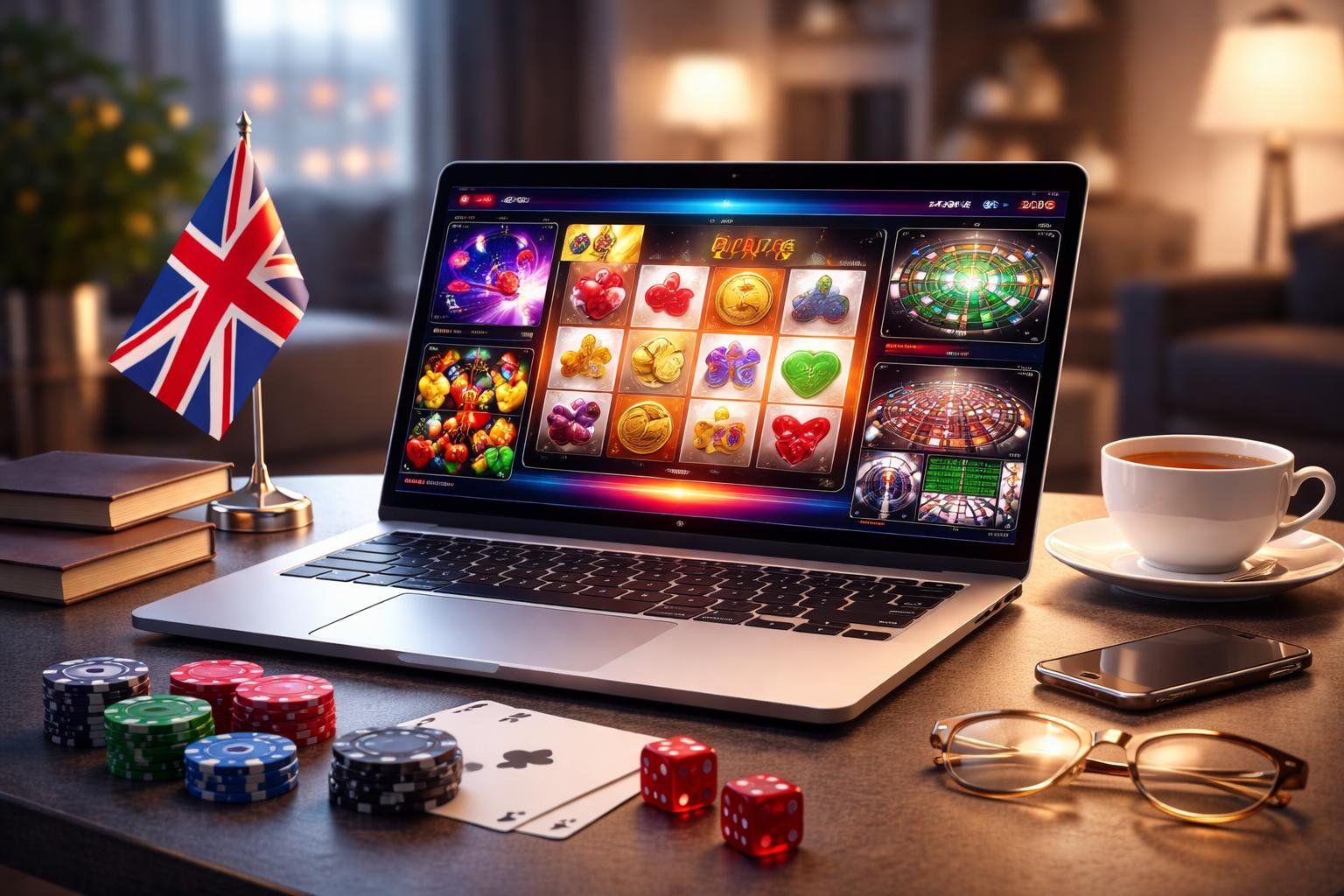 A laptop on a desk showing an online casino game with UK-themed items nearby in a modern indoor setting.