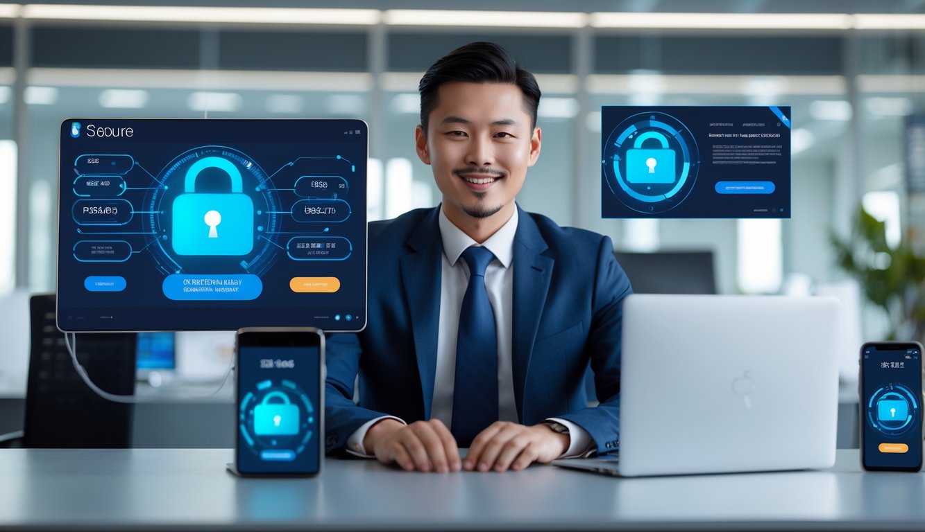 Seorang pria Asia berpakaian rapi duduk di meja modern dengan perangkat digital, menunjukkan layanan togel online yang aman dan pembayaran cepat.