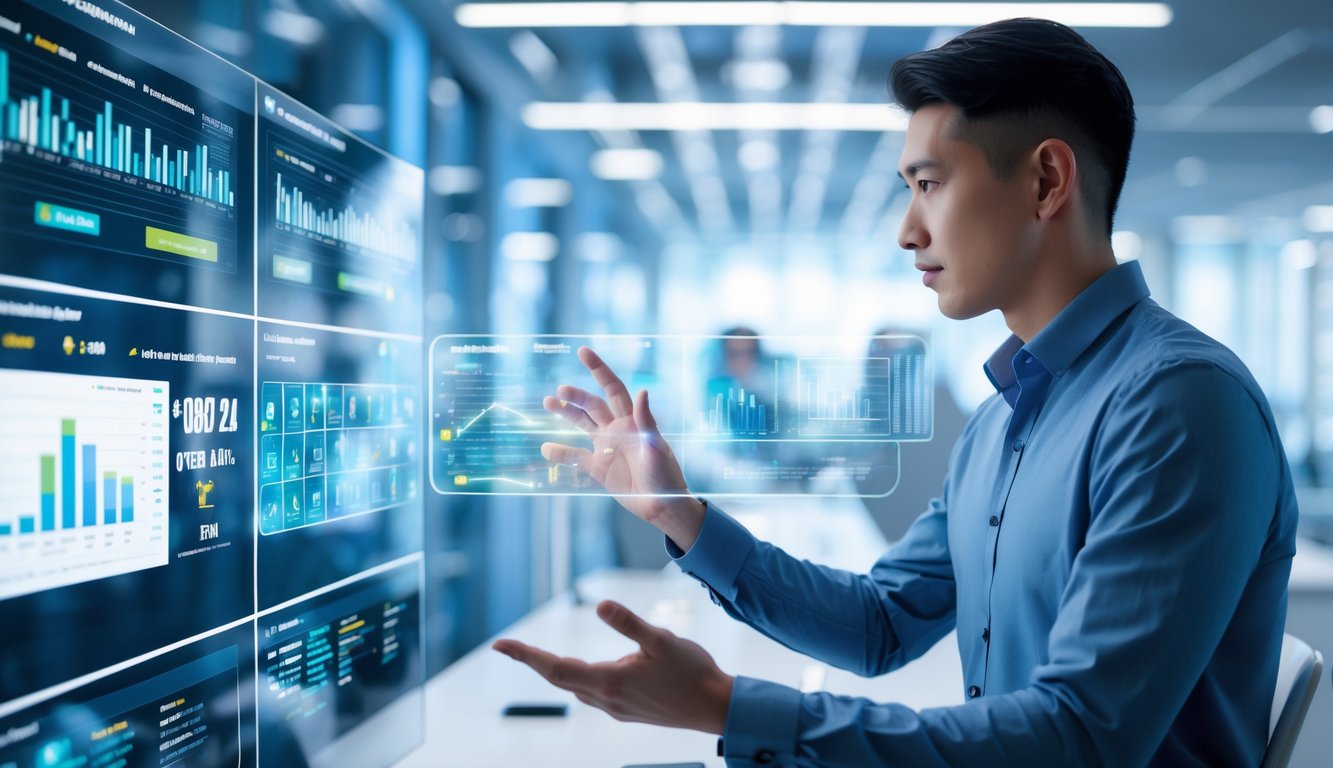 Seorang profesional muda menggunakan layar digital transparan dengan grafik dan data di ruang kantor modern.