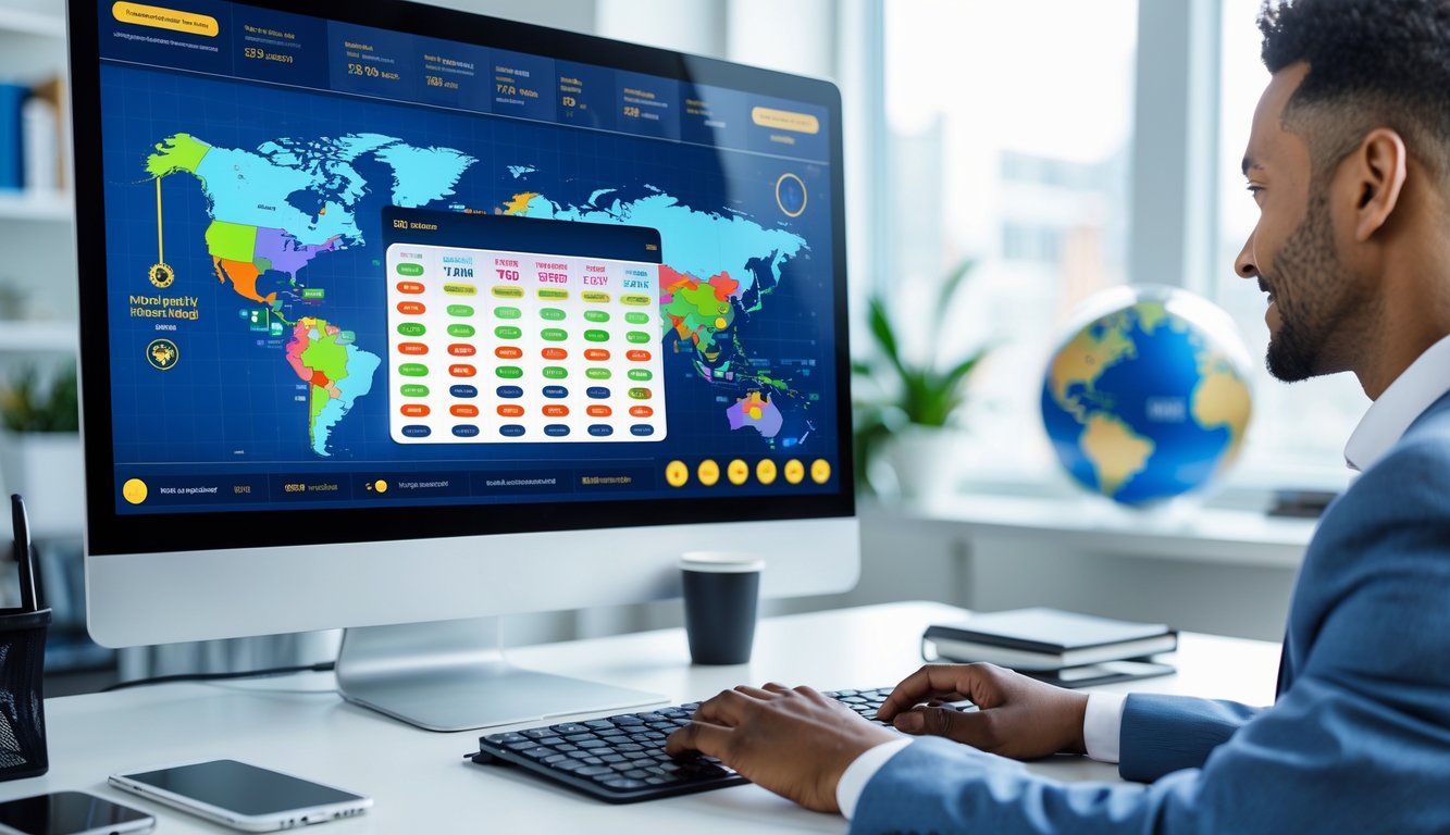 Seseorang menggunakan komputer dengan layar menampilkan berbagai pasar lotere internasional di sebuah kantor modern.