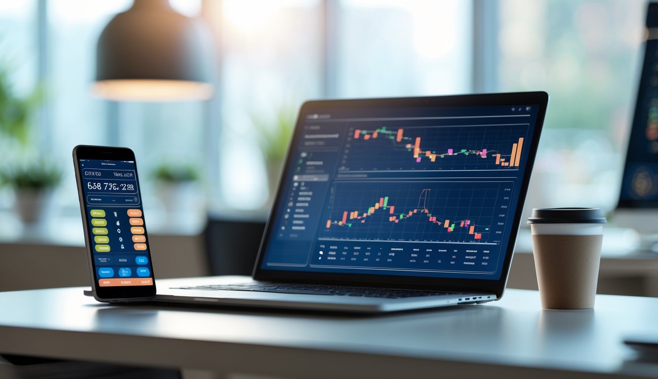 Meja kerja modern dengan laptop yang menampilkan grafik dan angka, smartphone dengan aplikasi lotere, dan secangkir kopi di atas meja.
