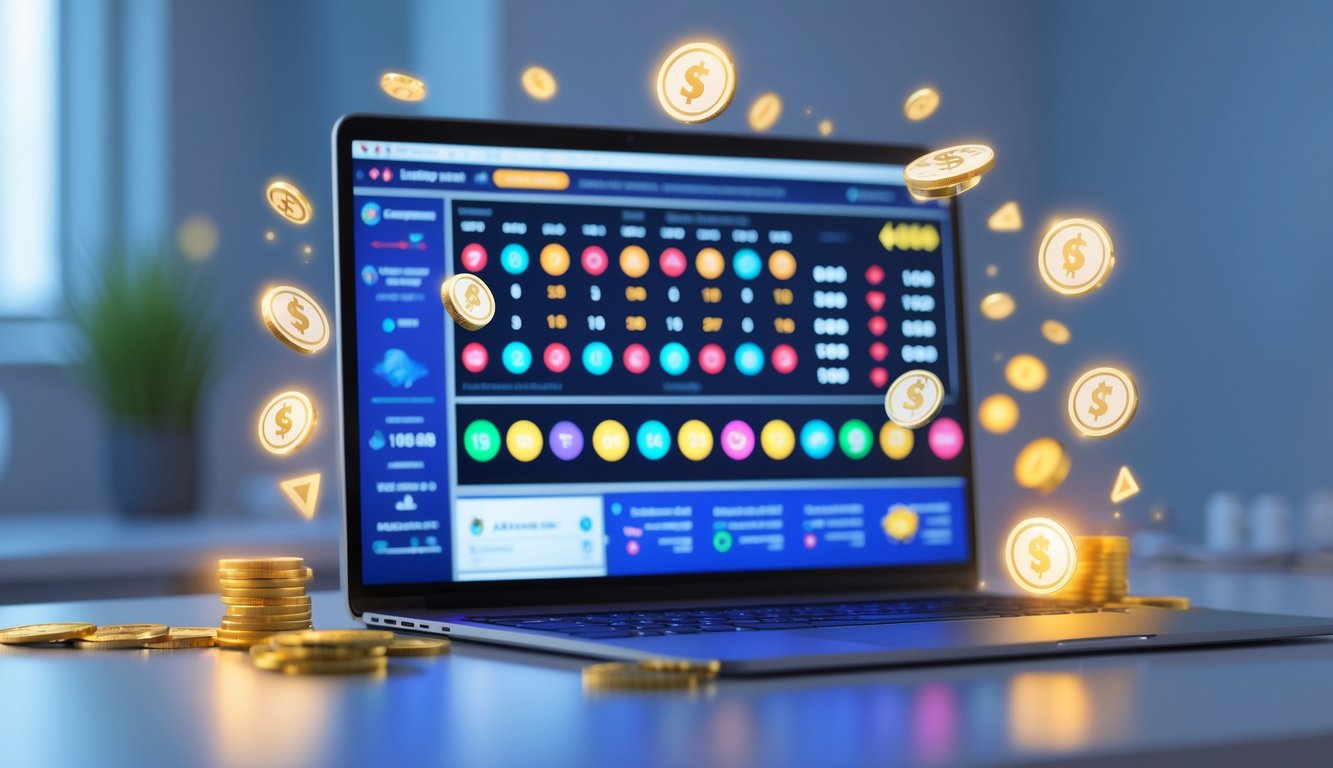 Seorang pengguna sedang melihat layar laptop dengan tampilan antarmuka lotere online yang penuh warna, dikelilingi ikon bonus dan koin di meja kerja yang rapi.