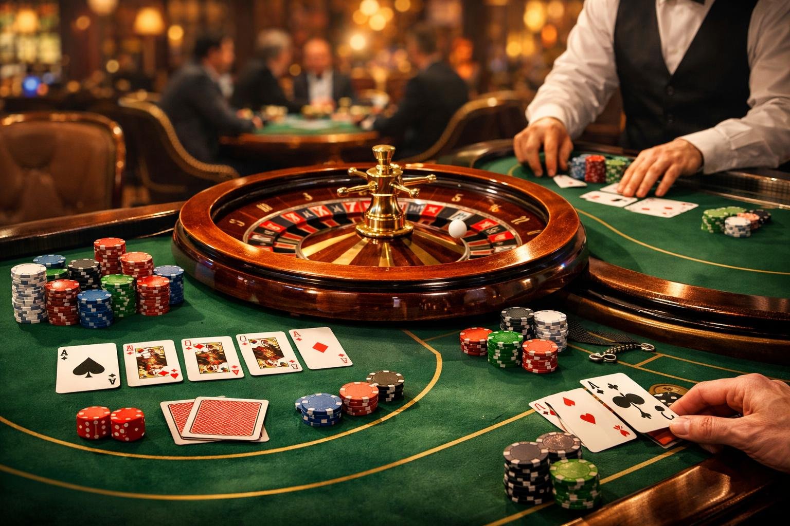 A Casino Scene Showing A Poker Table With Chips And Cards, A Roulette Wheel Spinning, And A Blackjack Table With A Dealer's Hand.