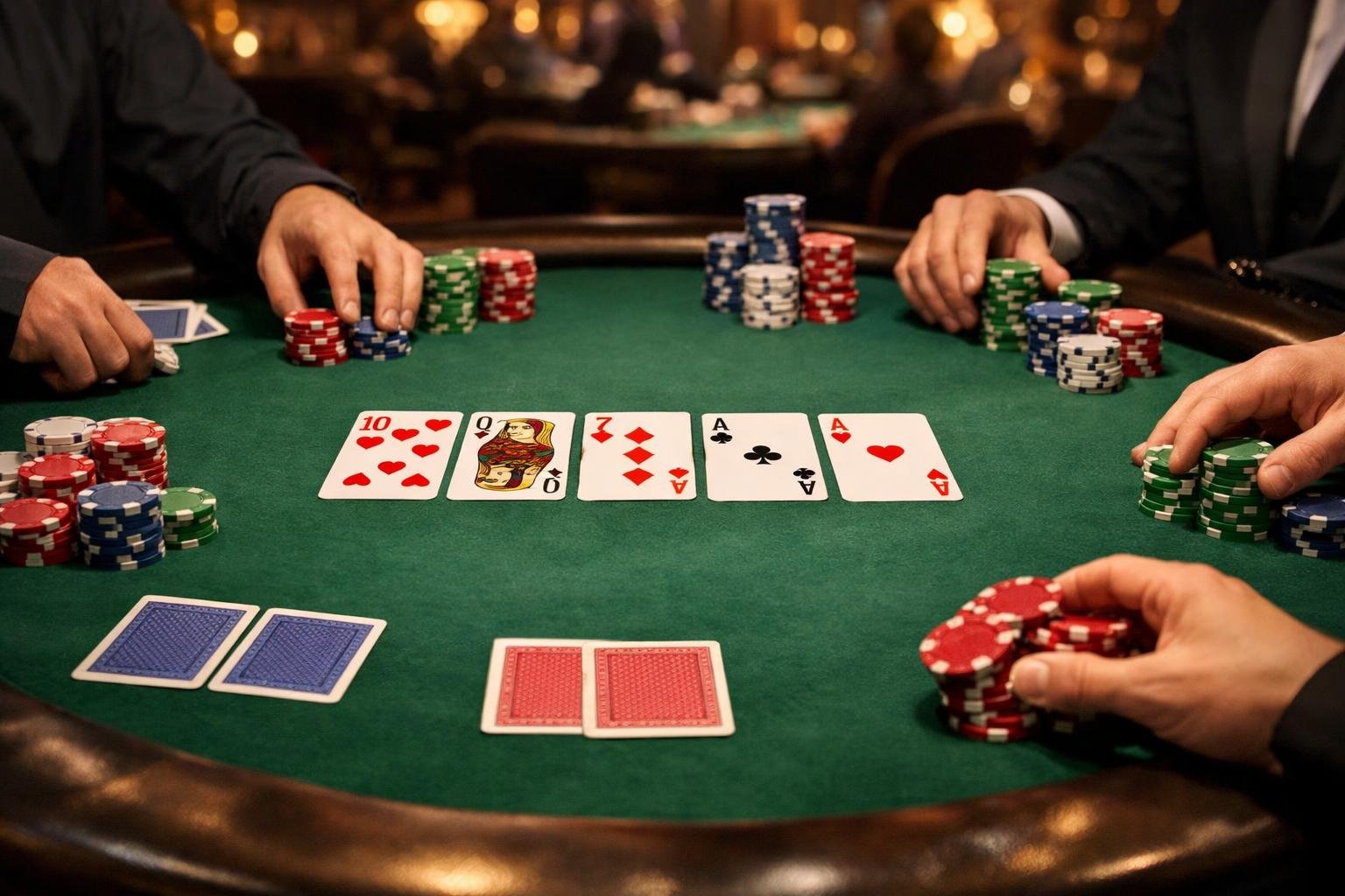 A Poker Table With Playing Cards And Chips Set Up For A Texas Hold'em Game, With Players' Hands Visible Around The Table.
