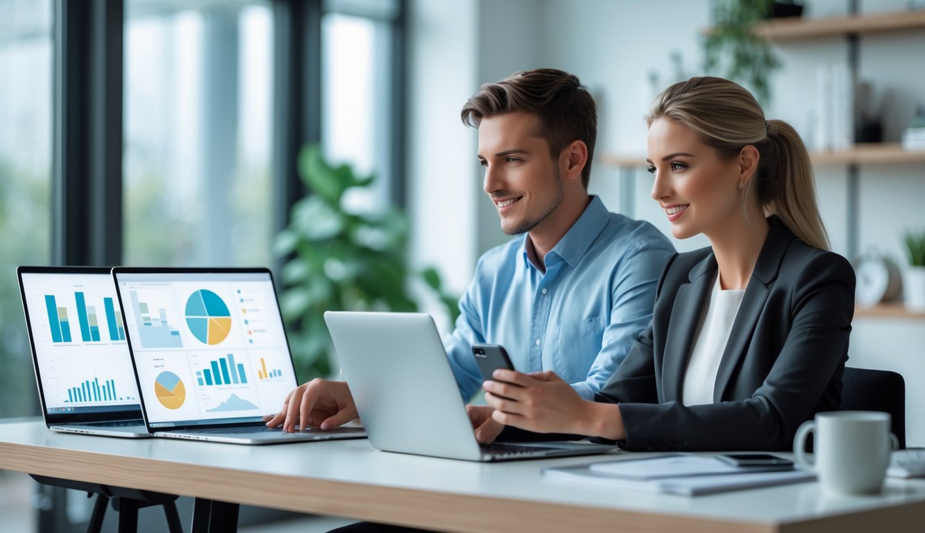 Seorang pria dan wanita muda duduk di meja kerja modern menggunakan laptop dan ponsel, terlihat fokus dan percaya diri di ruang kerja yang terang dengan dekorasi minimalis.