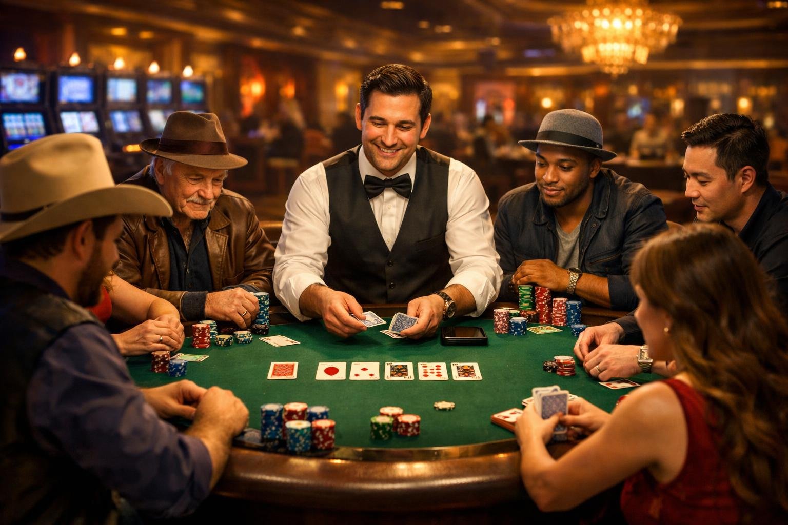 A Casino Scene With Players Gathered Around A Texas Hold'em Poker Table, With A Dealer Distributing Cards And Poker Chips On The Table.