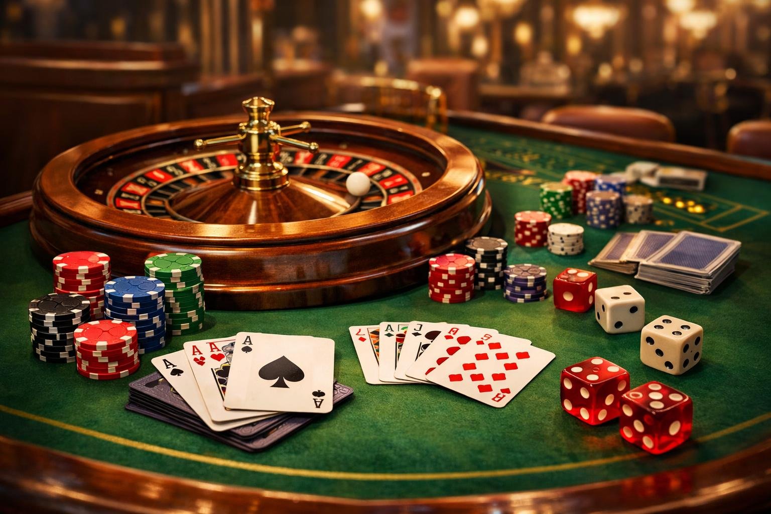 A Casino Table Displaying Poker Chips, Playing Cards, A Roulette Wheel, And Dice In A Luxurious Setting.