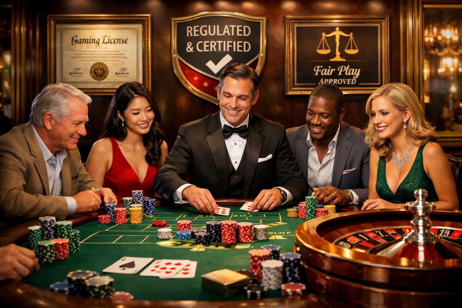 A Casino Table With Players And A Dealer Engaged In A Game, Surrounded By Symbols Of Licensing And Fairness.