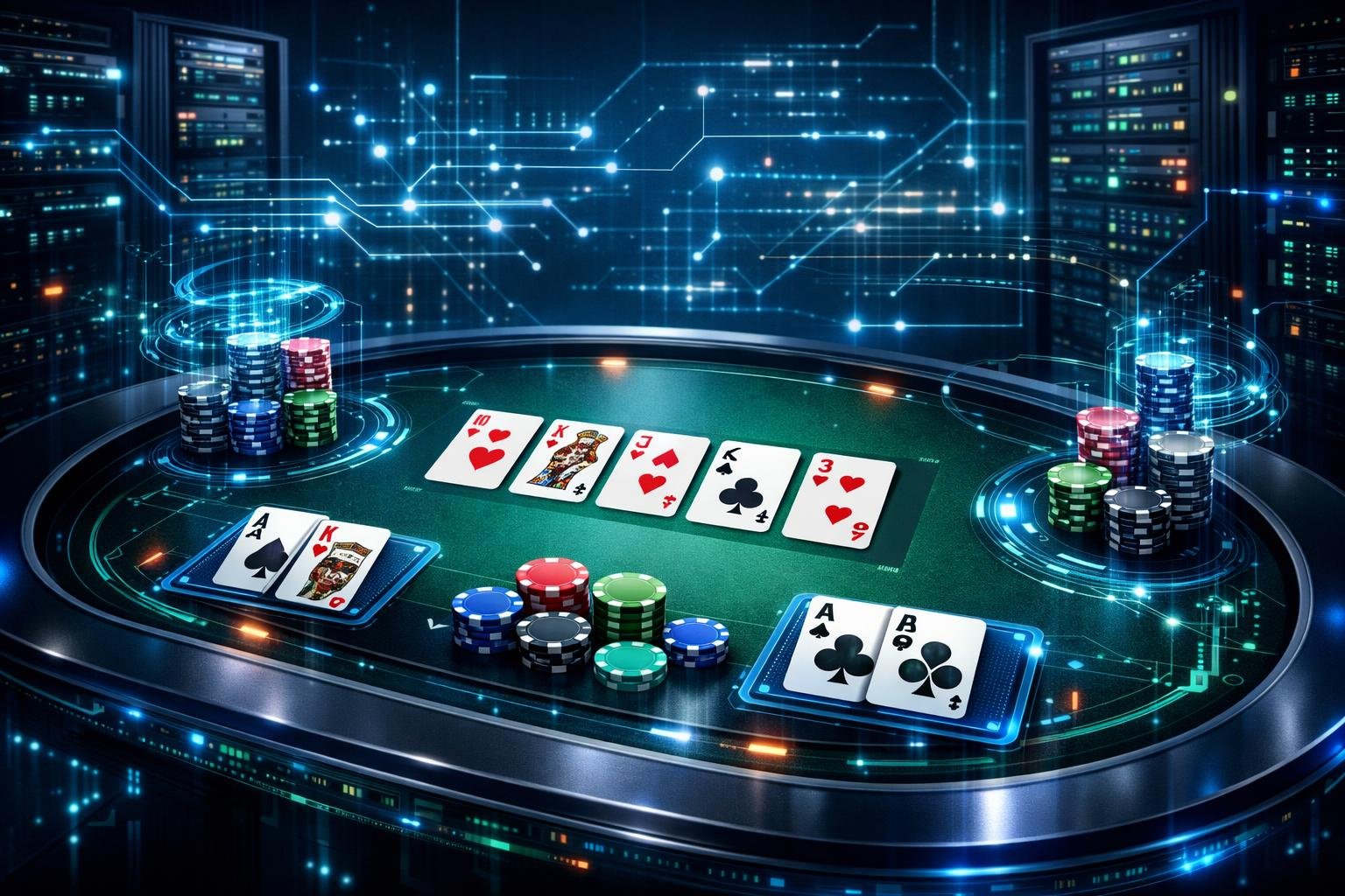 A Digital Poker Table With Virtual Cards And Chips, Surrounded By Holographic Data Streams And Computer Servers Representing The Technology Behind A Texas Hold'em Casino Game.