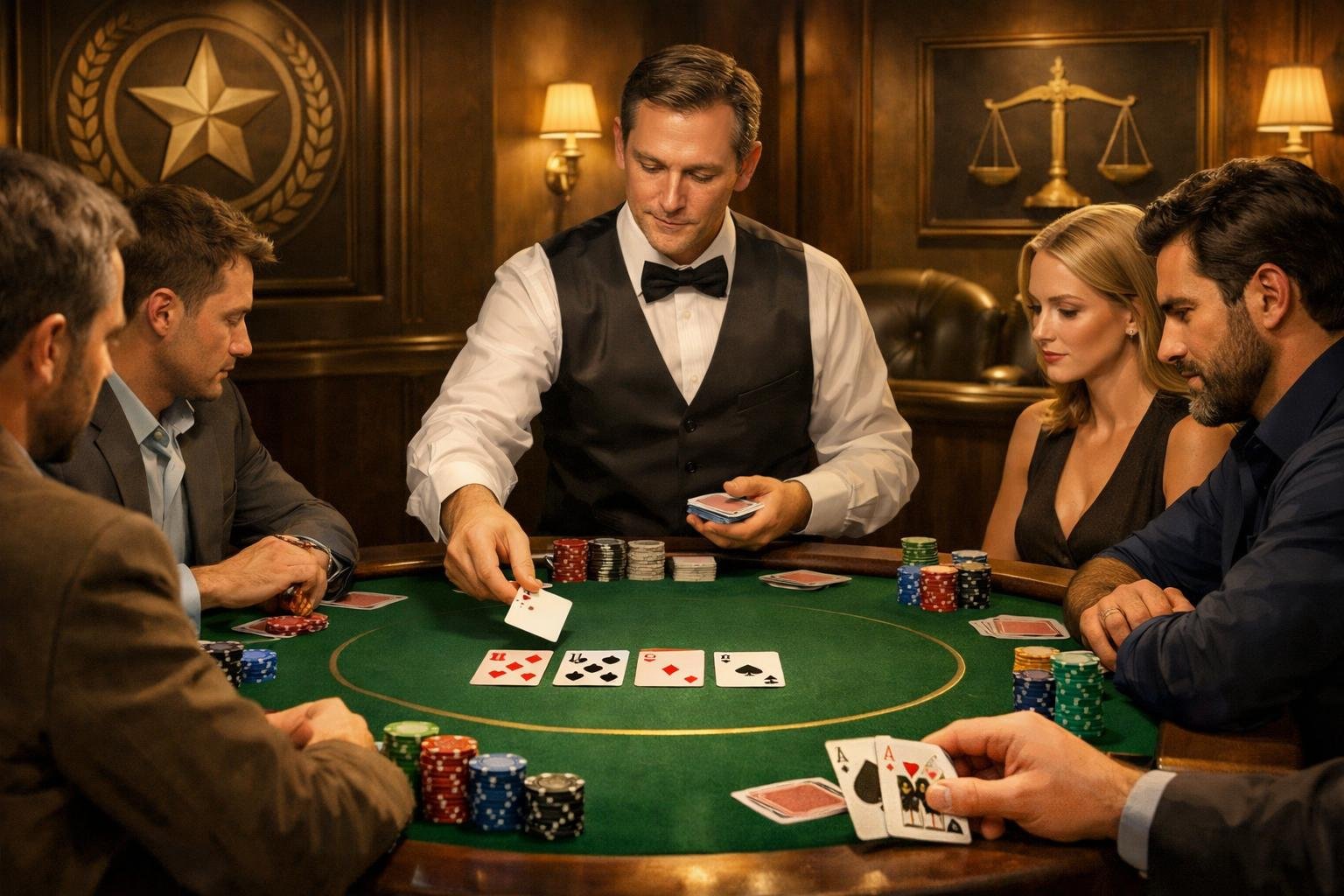 A Casino Poker Table With Players And A Dealer Engaged In A Texas Hold'em Game, With Symbols Representing Fairness And Licensing In The Background.