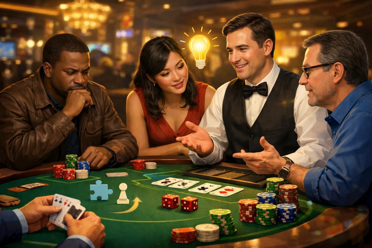 A Group Of People Around A Casino Table Playing Cards And Discussing Strategies With A Dealer.