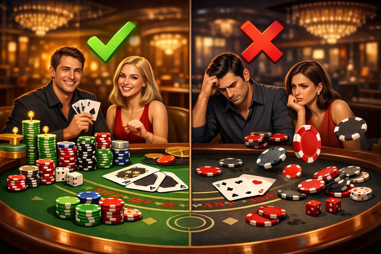 A Casino Table With Chips And Cards Showing A Balanced Scene Of Players Experiencing Both Positive And Negative Outcomes While Playing Table Games.