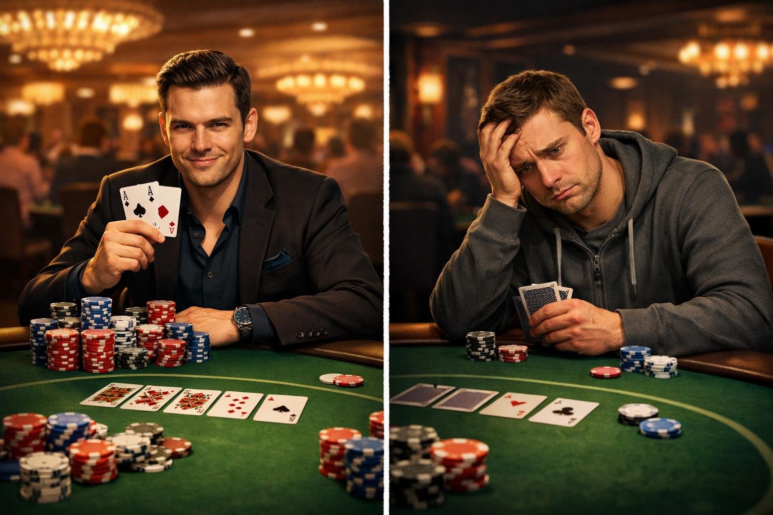 Two Players At A Casino Poker Table Representing The Advantages And Disadvantages Of Texas Hold'em, With Poker Chips And Cards On The Table.