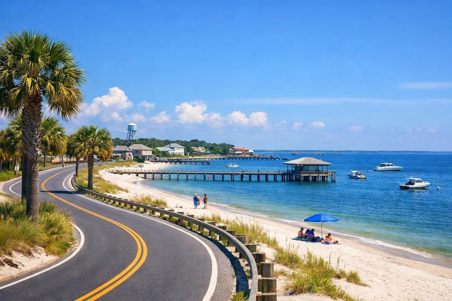 A sunny coastal road along a beach with palm trees, white sand, calm blue water, boats, and small buildings in the background.