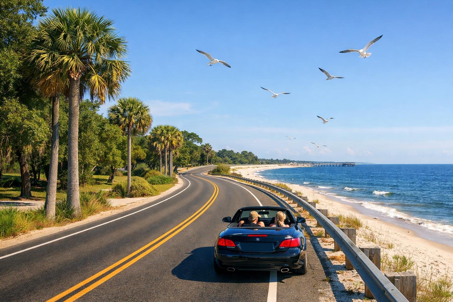 A coastal highway near Long Beach, Mississippi, with a car driving along the road beside the ocean and palm trees under a clear sky.
